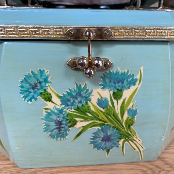 VTG Wood Decoupage Purse Floral 60s 70s Pearlized Handle Felt Lined - Picture 4 of 12